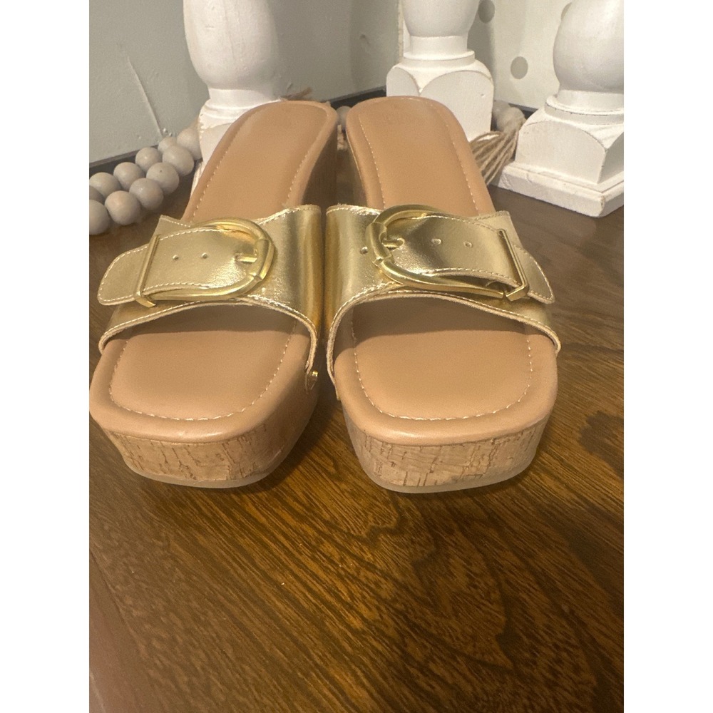 Time and Tru Gold Metallic Cork Platform Wedge Slide Sandals Women 9 boho classy